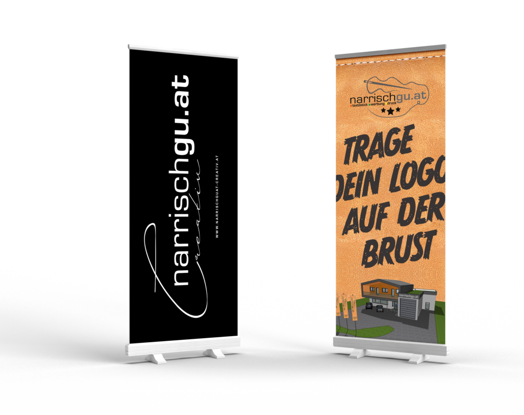 Zwein Roll Up Banner mit den Logos von narrischguat GmbH