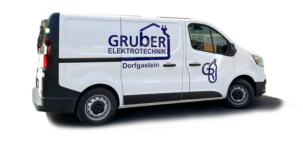 Weißer Bus mit Gruber Elektrotechnik Logo